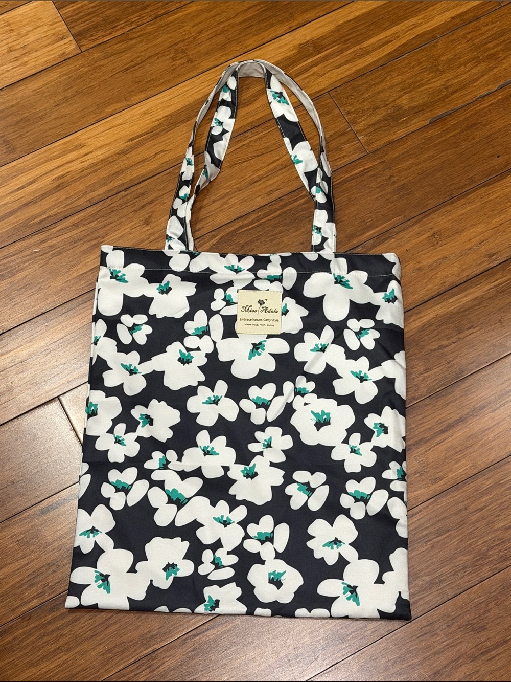 New Miss Adola Floral Print Black & White Tote Bag with Green Accents